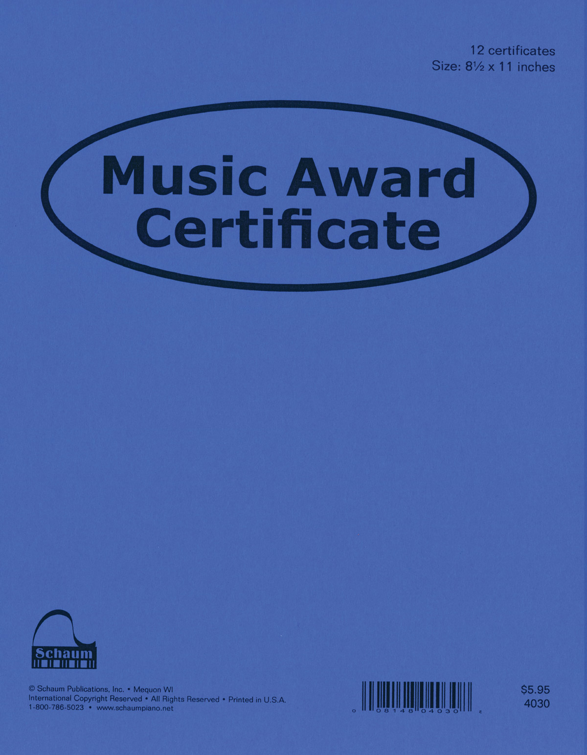 Music Award Certificate (Pack of 12) Piano 12 Certificates Alfred Music