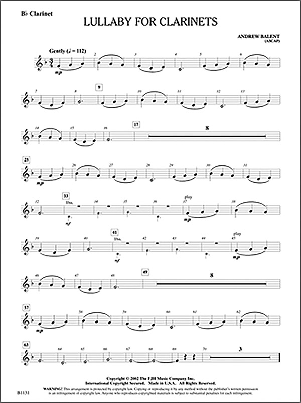 Lullaby for Clarinets: Concert Band Conductor Score: Andrew Balent ...